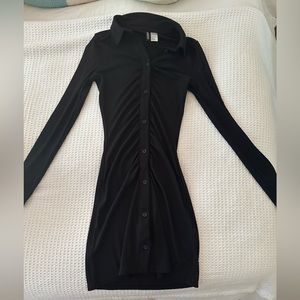 Black Ruched Button Down Long Sleeve Dress
